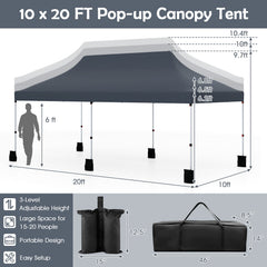10 x 20 FT Pop up Canopy Tent Foldable Portable Outdoor Gazebo with Carry Bag-Black