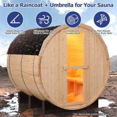 Thermora Premium All-Weather Outdoor Pinewood Barrel Sauna Kit With 4.5KW Heater And Tempered Glass Window (SAK91462)