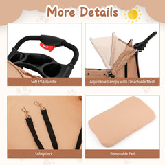 Folding Pet Stroller with Storage Basket and Adjustable Canopy-Beige