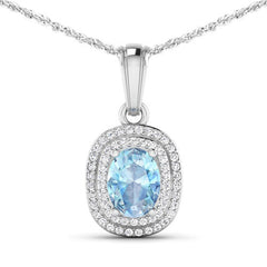 1.35 Carat Genuine Aquamarine and White Diamond 14K White Gold Pendant