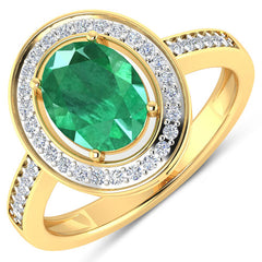 1.87 Carat Genuine Zambian Emerald and White Diamond 14K Yellow Gold Ring