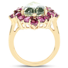 14K Yellow Gold Plated 7.21 Carat Genuine Green Amethyst and Rhodolite .925 Sterling Silver Ring