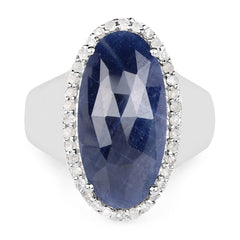 9.83 Carat Genuine Blue Sapphire and White Diamond .925 Sterling Silver Ring