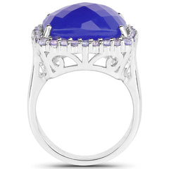 11.56 Carat Genuine Blue Chelcedonia and Tanzanite .925 Sterling Silver Ring