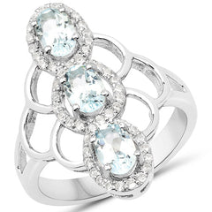 1.54 Carat Genuine Aquamarine and White Zircon .925 Sterling Silver Ring