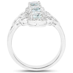 1.54 Carat Genuine Aquamarine and White Zircon .925 Sterling Silver Ring