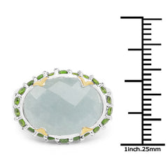 Two Tone Plated 9.12 Carat Genuine Milky Aquamarine and Chrome Diopside .925 Sterling Silver Ring