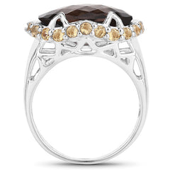 9.58 Carat Genuine Smoky Quartz and Citrine .925 Sterling Silver Ring