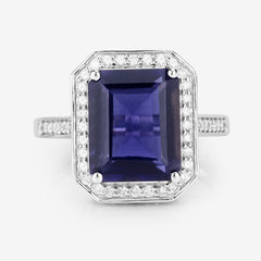 3.70 Carat Genuine Iolite and White Diamond 14K White Gold Ring