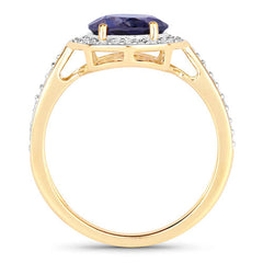 1.79 Carat Genuine Iolite and White Diamond 14K Yellow Gold Ring
