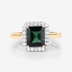 3.02 Carat Genuine Green Tourmaline and White Diamond 14K Yellow Gold Ring
