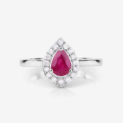0.92 Carat Genuine Ruby and White Diamond 14K White Gold Ring