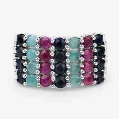 "3.40 Carat Genuine Emerald, Ruby and Black Sapphire .925 Sterling Silver Ring
