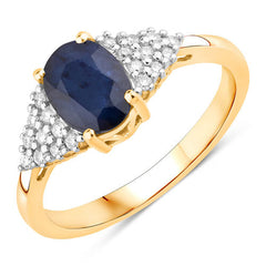 1.73 Carat Genuine Blue Sapphire and White Diamond 14K Yellow Gold Ring