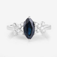 1.50 Carat Genuine Blue Sapphire and White Diamond 14K White Gold Ring
