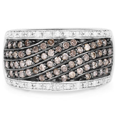 0.87 Carat Genuine Champagne Diamond and White Diamond .925 Sterling Silver Ring