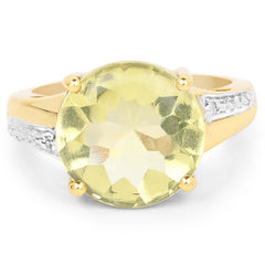 14K Yellow Gold Plated 9.26 Carat Genuine Lemon Topaz Buff Top and White Diamond Brass Ring