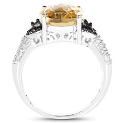 4.65 Carat Genuine Citrine, Champagne Diamond & White Diamond .925 Sterling Silver Ring