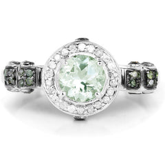 1.07 Carat Genuine Green Amethyst, Green Diamond and White Diamond .925 Sterling Silver Ring
