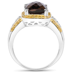 3.48 Carat Genuine Smoky Quartz, Yellow Diamond and White Diamond .925 Sterling Silver Ring