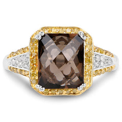 3.48 Carat Genuine Smoky Quartz, Yellow Diamond and White Diamond .925 Sterling Silver Ring
