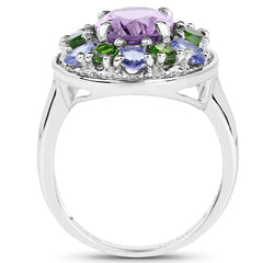 3.89 Carat Genuine Amethyst, Tanzanite & Chrome Diopside .925 Sterling Silver Ring
