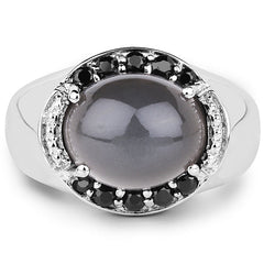 5.68 Carat Genuine Grey Moonstone & Black Spinel .925 Sterling Silver Ring