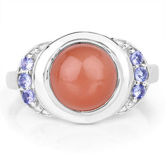 3.01 Carat Genuine Peach Moonstone and Tanzanite .925 Sterling Silver Ring