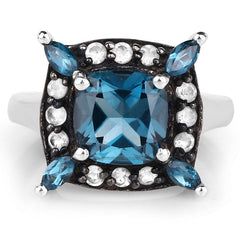 3.24 Carat Genuine London Blue Topaz and White Topaz .925 Sterling Silver Ring