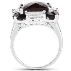 7.43 Carat Genuine Smoky Quartz & White Topaz .925 Sterling Silver Ring