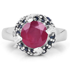 3.70 Carat Glass Filled Ruby and Blue Sapphire .925 Sterling Silver Ring