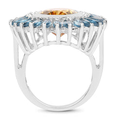 7.54 Carat Genuine Citrine & London Blue Topaz .925 Sterling Silver Ring
