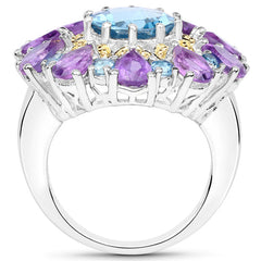 8.86 Carat Genuine London Blue Topaz and Amethyst .925 Sterling Silver Ring