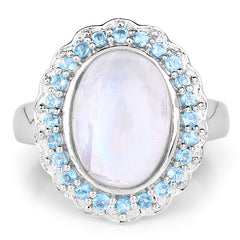 7.21 Carat Genuine White Rainbow Moonstone & Swiss Blue Topaz .925 Sterling Silver Ring
