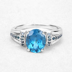 2.72 Carat Genuine London Blue Topaz and Blue Diamond .925 Sterling Silver Ring