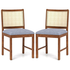 Rattan Dining Chair Set of 2 with Rubber Wood Frame and Linen Fabric Padded Seat-Walnut