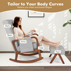 Rocking Chair with Ottoman Solid Rubber Wood Frame Padded Cushion-Gray