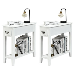 2 Pieces 2 Tier Sofa Side End Table with Drawer and Open Shelf-White