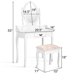 Wooden Vanity Makeup Set with Cushioned Stool and Oval Rotating Mirror