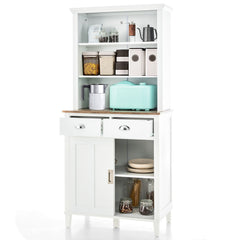 Freestanding Kitchen Pantry with Hutch Sliding Door and Drawer-White