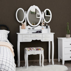 7 Drawer Tri-Folding Mirror Dressing Vanity Makeup Set