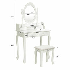 Wood Vanity Table Set with Oval Mirror and 4 Drawers for Kids Girls Women-White