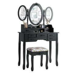 7 Drawer Tri-Folding Mirror Dressing Vanity Makeup Set