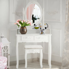 Wood Vanity Table Set with Oval Mirror and 4 Drawers for Kids Girls Women-White