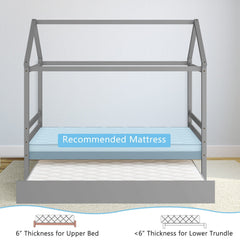 Kids Platform Bed Frame with Roof for Bedroom-Gray