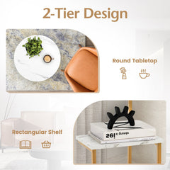 2-Tier Round End Beside Table with Metal Frame-White