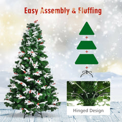 Unlit Snowy Hinged Christmas Tree with Mixed Tips and Red Berries