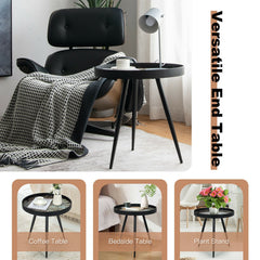 Modern Round End Table with Wooden Tray Top for Living Room Bedroom-Black