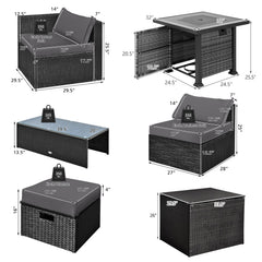 9 Pieces Patio Furniture Set with 32” Fire Pit Table and 50000 BTU Square Propane Fire Pit