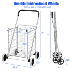Portable Folding Shopping Cart Utility for Grocery Laundry-Silver